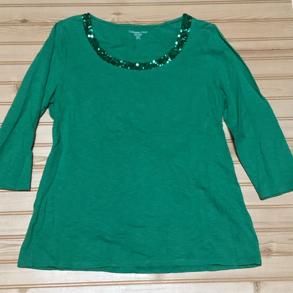 Coldwater Creek 100% Cotton Kelly‎ Green Sequin Trim Women's 3/4 Sleeve Top